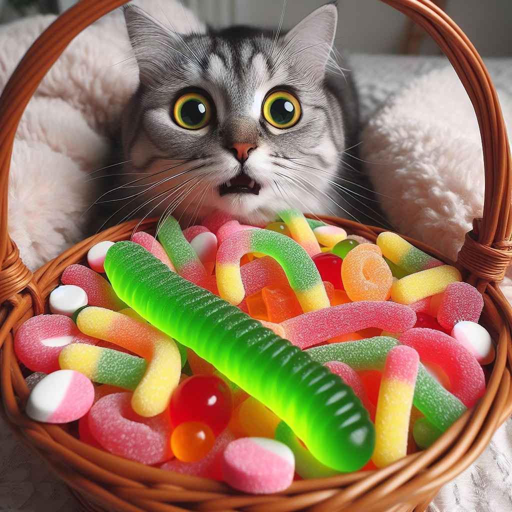 cat looking at worm gummy candy as data anomalies