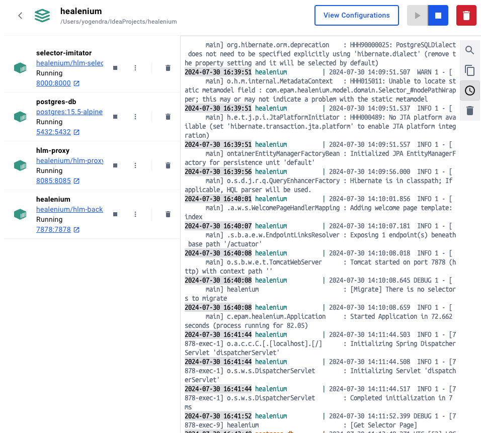 Healenium services started in docker